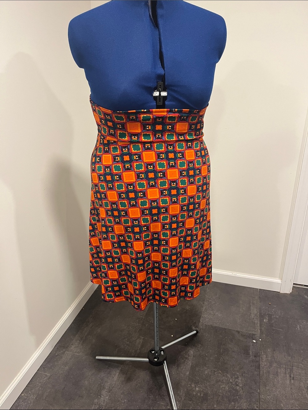 LuLaRoe A-Line Skirt in Orange, Green & Navy Geometric Squares